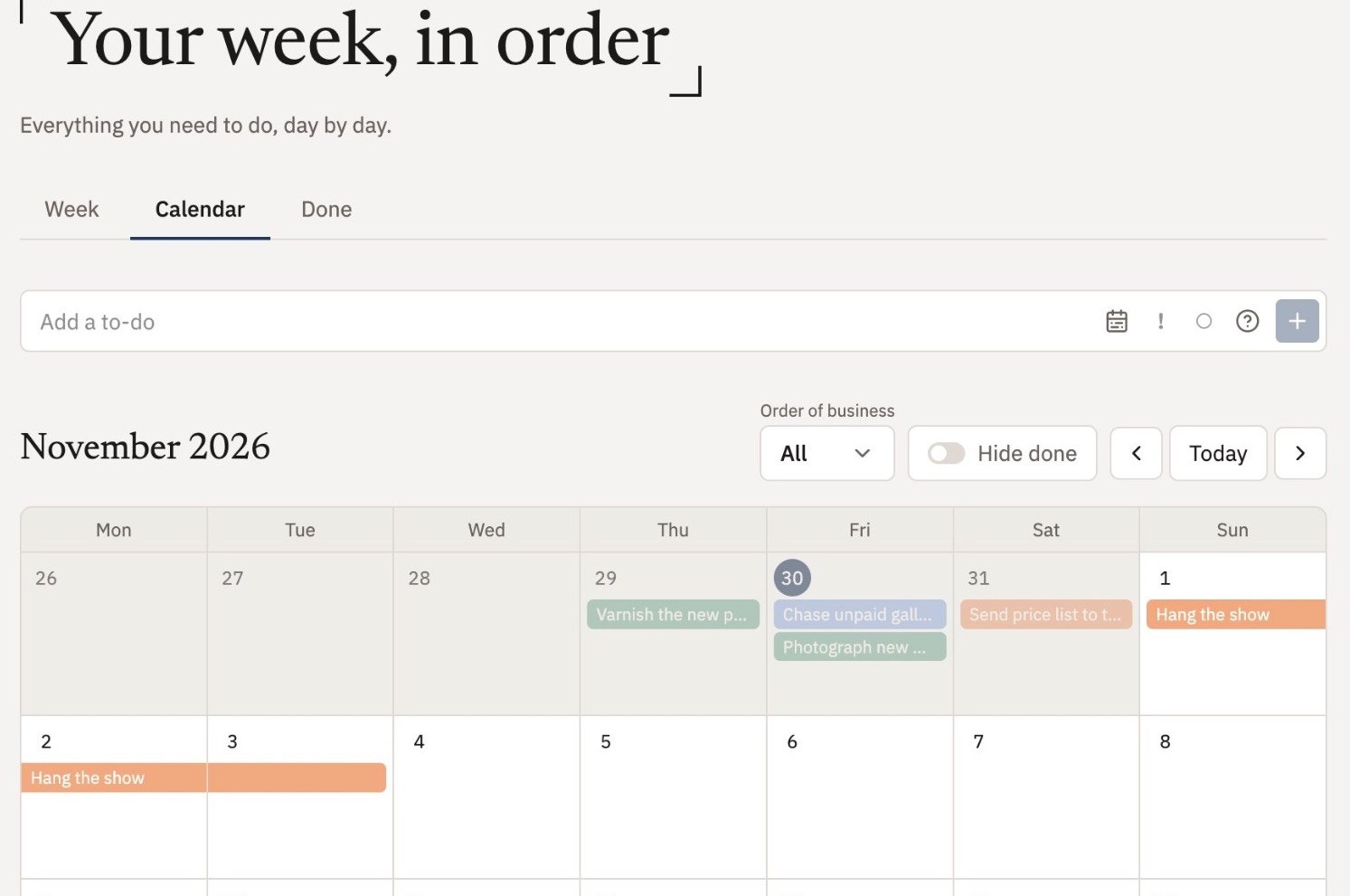 Actual Studio in Order calendar view showing an artist’s to-do list and scheduled studio tasks